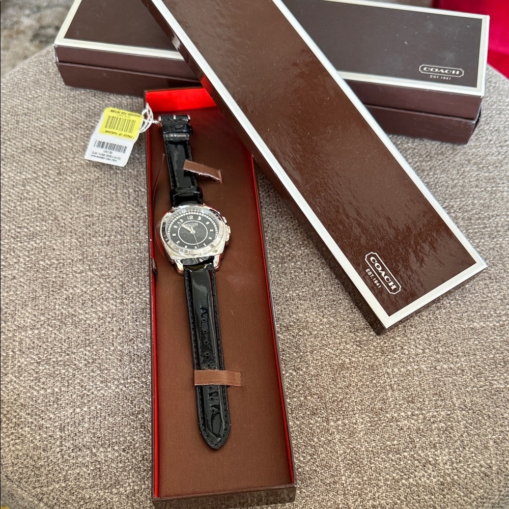 Brand New Coach Black and Silver Watch with Leather Strap